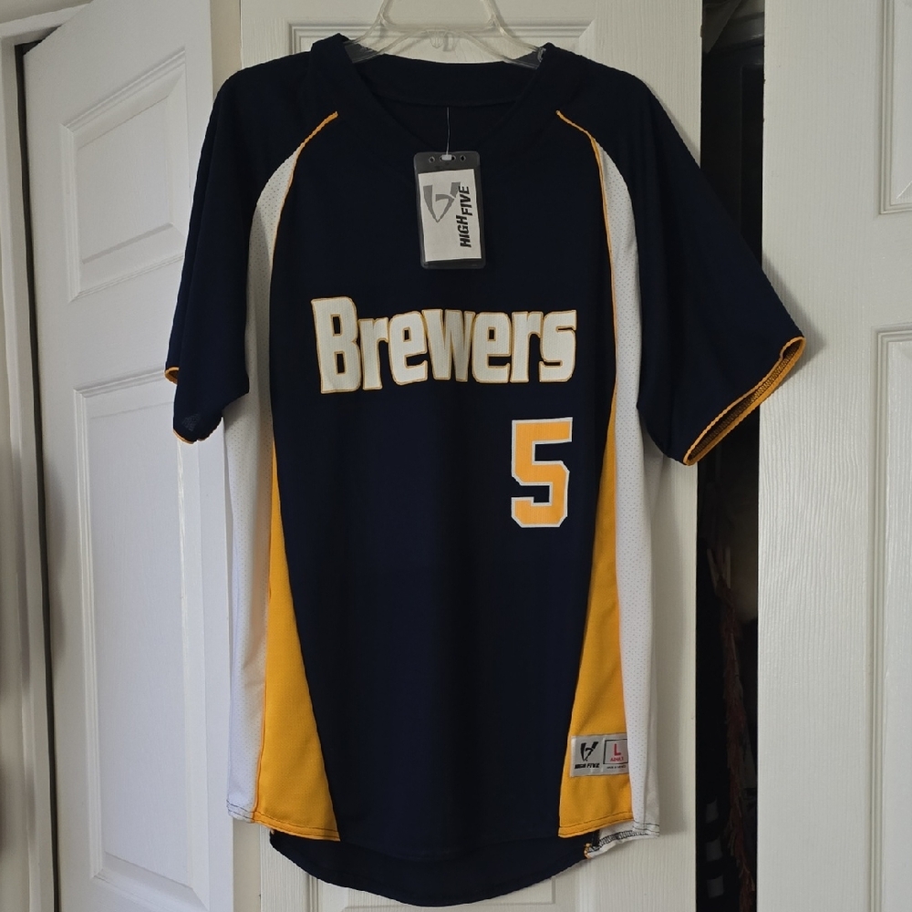 High Five Brewers Navy and Gold Baseball Jersey Adult Large